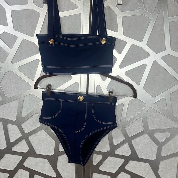 Oye Lavinia Bikini Swimsuit Set Blue Bandeau High Waisted NWT - Picture 15 of 16